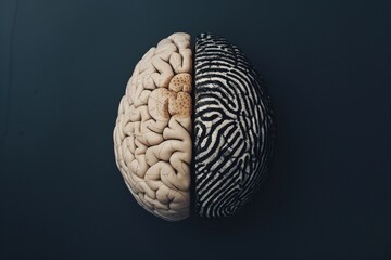 
Half of the brain and fingerprint view from above. The concept of identity, unique data.