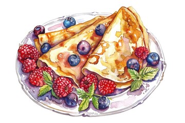 Hand drawn watercolor illustration of Homemade French Crepes with Fresh Berries on White Plate