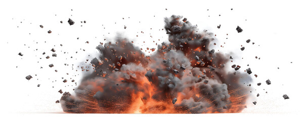 realistic explosion with fire and smoke and sparks on white background. Wide angle view of an intense bomb. transparency background