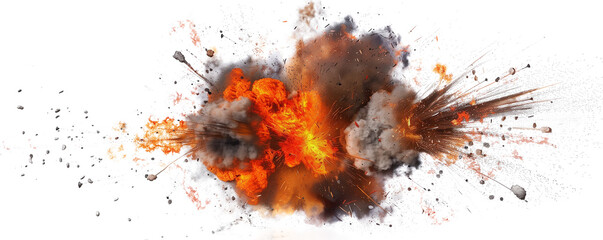 realistic explosion with fire and smoke and sparks on white background. Wide angle view of an intense bomb. transparency background