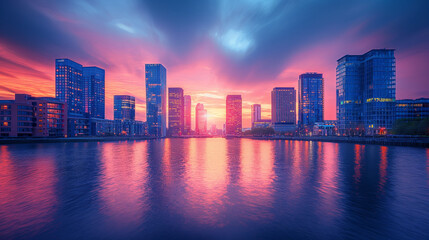 Obraz premium Canary Wharf at dusk, Famous skyscrapers of London's financial district at twilight.