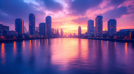 Obraz premium Canary Wharf at dusk, Famous skyscrapers of London's financial district at twilight.