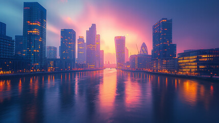 Obraz premium Canary Wharf at dusk, Famous skyscrapers of London's financial district at twilight.