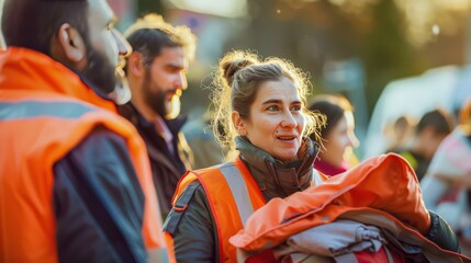 Fototapeta na wymiar Rescuers and volunteers help victims of natural disasters by distributing food, water and blankets. Perfect for content about emergency aid and humanitarian assistance in crisis situations.