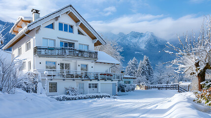 Fototapeta premium little chalet in the mountain with white snow,Snow-covered landscape with chalet houses,wooden cottage in a winter fairytale forest,forest lodge nestled in snowy fir trees