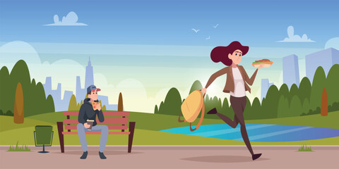 Snacks people. Eating at work exact vector quick snacks characters cartoon background