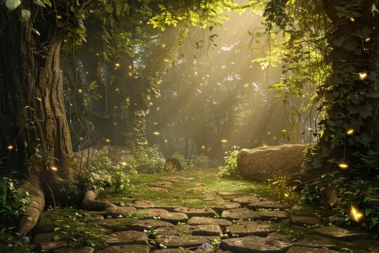 A mystical forest stage, with an ancient stone floor, vines hanging from the trees, and fireflies casting an ethereal glow. 
