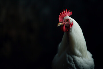 a white chicken is stand in darkness in right side