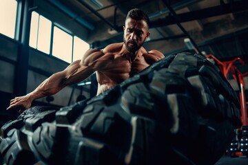 
Muscular man working out in gym flipping tire, strong male naked torso abs 
