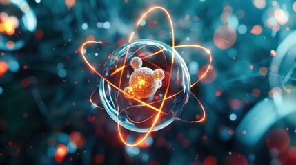 A schematic model of an atom with a nucleus in the center and electrons circulating around it. Perfect for content about the structure of matter and science education.
