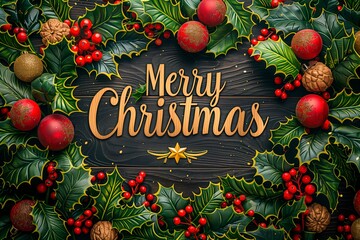 Holly leaves and red berries framing a golden Merry Christmas text. Red balls. Wooden board surface. Top view