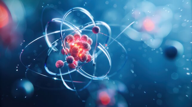 A schematic model of an atom with a nucleus in the center and electrons circulating around it. Perfect for content about the structure of matter and science education.