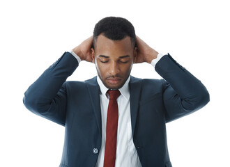 Business man, headache and fear in studio for risk, debt and investment fail or mistake on white background. Trader, sad and stress for bankruptcy, news and financial crisis as phishing scam disaster