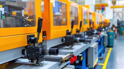 A factory with many orange machines and a blue machine