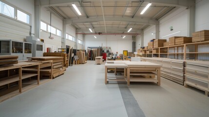 A large warehouse with many wooden shelves and tables
