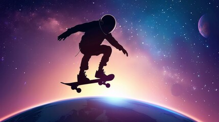 Naklejka premium Vector illustration of a skateboarder astronaut performing tricks in outer space with Earth and Mars in the background.