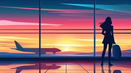 Fototapeta premium Airport scene with people waiting at gate, woman observing planes, mirror reflection indicating travel lifestyle.
