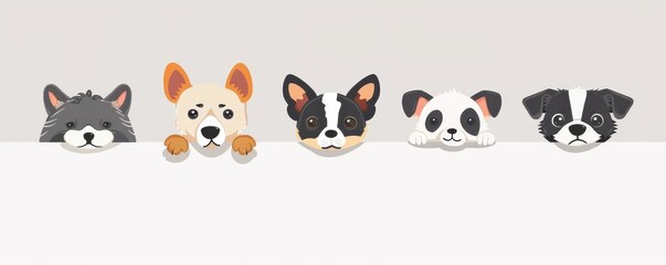 Obraz premium Cute dogs and cats peeking from behind the wall. Illustration.