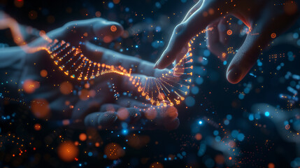 Abstract luminous DNA molecule. Hand of doctor touching and cut dna for checking with analysis chromosome DNA genetic of human on virtual interface. 