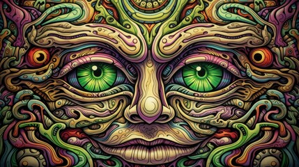 Unique artwork featuring a surreal psychedelic face study of decalcified pineal gland with vibrant third eye.