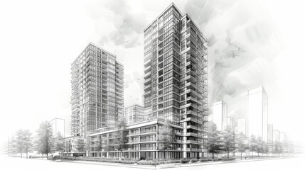 sketch of tall residential building, white background, 3d model 