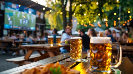 Pints and snacks in a festive beer garden in the background you can see a blurry screen with a soccer match