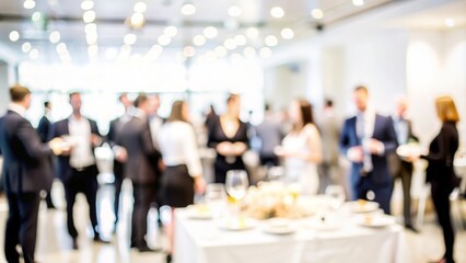 Corporate Event Blur - Blurred background of a corporate event or networking function with professionals and refreshments.
