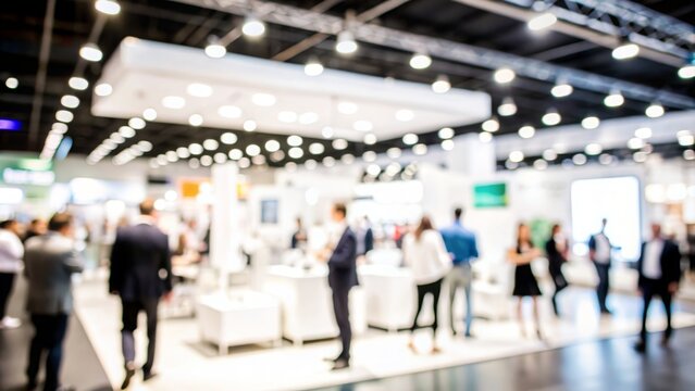 Trade Show Event Blur - Blurred background of a trade show or exhibition event with booths and attendees.
