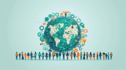 Illustration of cooperative activities for International Day of Co-operative, ample copy space, icons of teamwork and unity