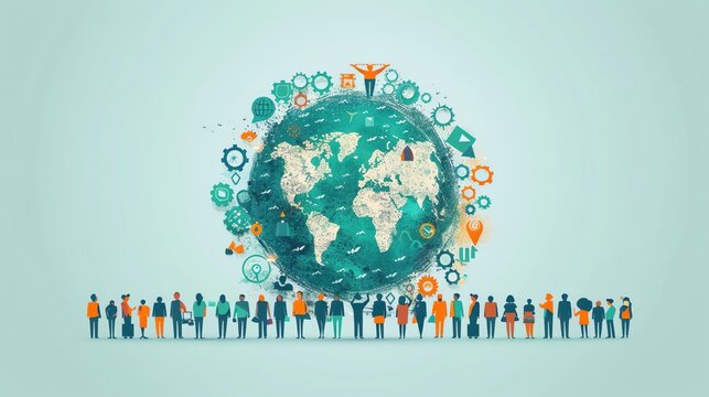 Illustration of cooperative activities for International Day of Co-operative, ample copy space, icons of teamwork and unity