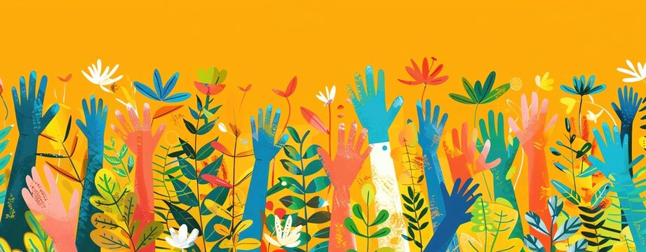 Illustration of a supportive environment for International Day of Co-operative, ample copy space, icons of teamwork and support