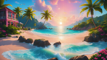 Fototapeta premium Sunny beach during summer sunset or sunrise glow over the island, palm trees and coconuts natural beauty relaxing vacation