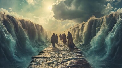 The Israelites crossed the divided Red Sea, with high water on both sides, and Moses led them to freedom. Perfect for content about the Book of Exodus and deliverance from slavery.