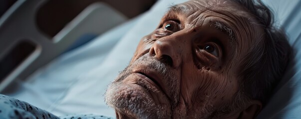 Obraz premium Elderly man in hospital with a frightened expression. Free copy space for banner.