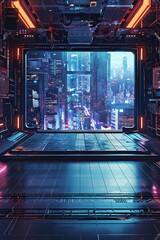 An empty stage in a futuristic cityscape, with a sleek metallic floor, neon lights, and towering skyscrapers visible through large windows.