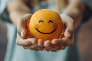 A smiling woman holds a happy face in her hand, symbolizing positive thinking and mental health awareness. This concept promotes the importance of mental health and World Mental Health Day.