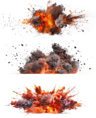 Set of 3 realistic explosion with fire and smoke and sparks on white background. Wide angle view of an intense bomb. transparency background