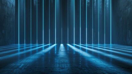 Parallel blue neon lights cast long shadows across the concrete floor
