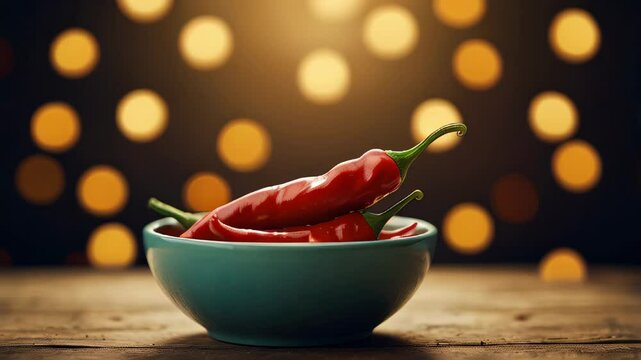 Red hot chili peppers on a dark bokeh background. Copy space template backdrop