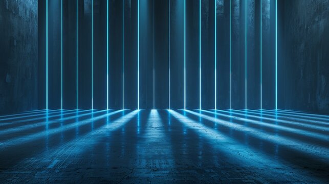 Parallel blue neon lights cast long shadows across the concrete floor