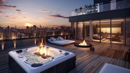 Naklejka premium A chic rooftop deck with a hot tub and a fire table