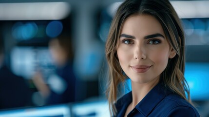 Vibrant customer service office with elegant female representative assisting clients on a computer.