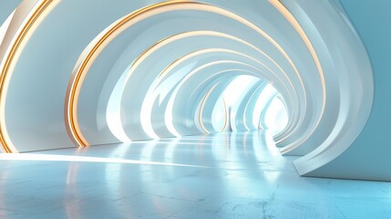 Obraz premium A long, white corridor with a series of arches and golden light
