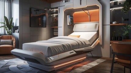A contemporary bedroom with an adjustable bed and a smart sleep tracking system