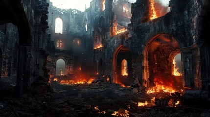 Ruins of an old castle, surrounded by flames and smoke. The walls are partially collapsed and fire flares can be seen through open windows. Armor lies abandoned in the courtyard, and the air is filled
