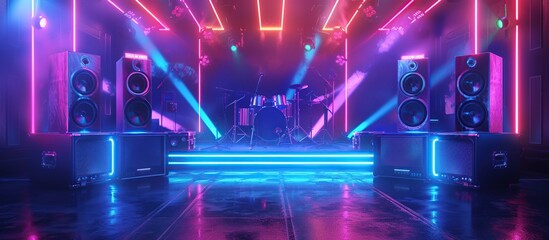Obraz premium Neon Stage with a Drum Set and Speakers