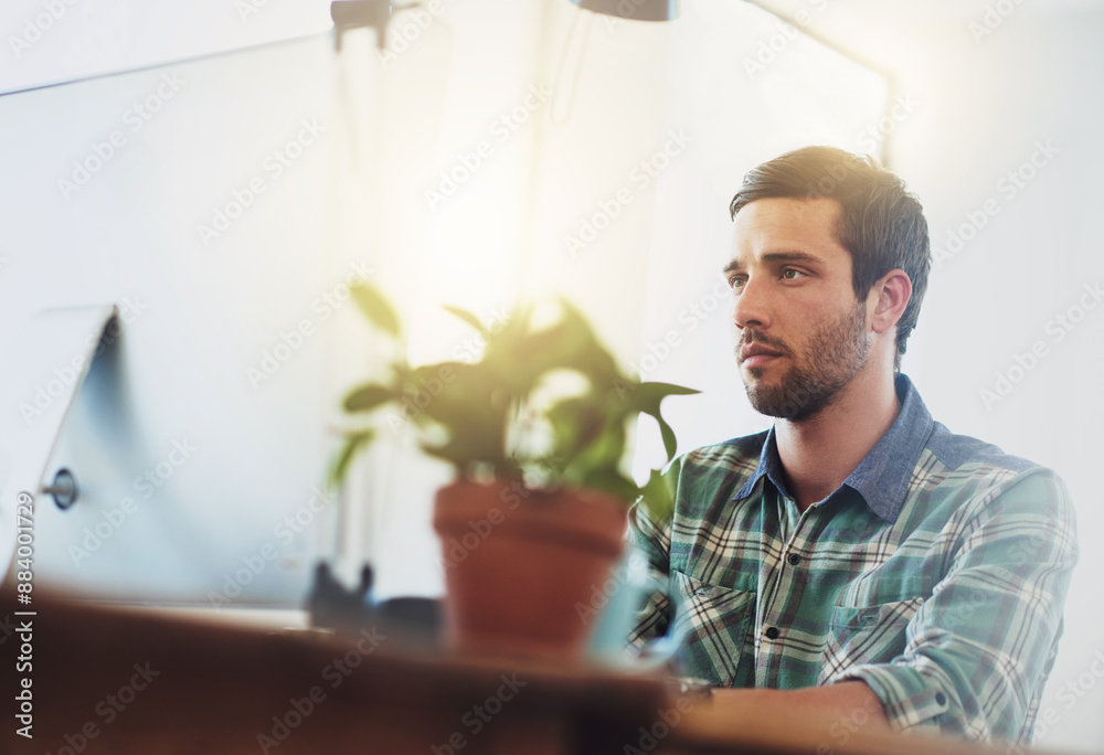 Poster Computer, graphic design and businessman in office for online research, website software and internet. Creative agency, web designer and person on pc for developer, programming and coding at desk