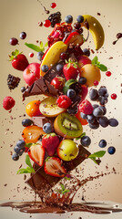 explosion of fruits and chocolate, painted light background