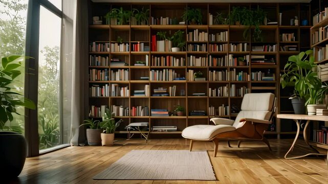 Video animation of cozy reading nook with a large bookshelf covering an entire wall, filled with numerous books