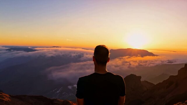 Silhouette of man standing on top of mountain with sunset, success concept